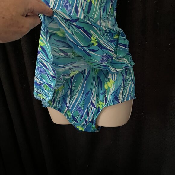 Maxine Of Hollywood Blue Green Tropical Floral Front Skirted Swimsuit 18 READ - Picture 5 of 11